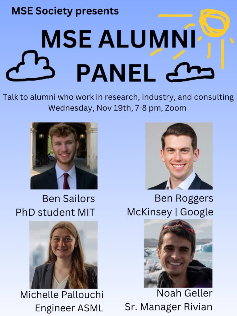 Topic: MSE Society Alumni Panel
Time: Nov 19, 2025 07:00 PM Eastern Time (US and Canada)
Join Zoom Meeting
https://zoom.us/j/96237879718?pwd=Jjsw1dpsyWHr9xUWvhpLrn7MFbe6Cw.1
Meeting ID: 962 3787 9718